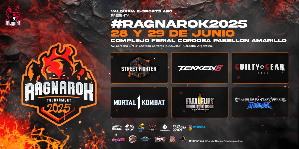 Abiertas las inscripciones para Ragnarok 2025.

📝 start.gg/tournament/rag…

Bienvenido a la batalla del fin del mundo.

📅28 y 29 de Junio
📍Complejo Ferial Córdoba

P.D: Durante el mes de marzo o hasta agotar stock, la entrada para los dos días al 50%.

#FGC #Cordoba #Argentina