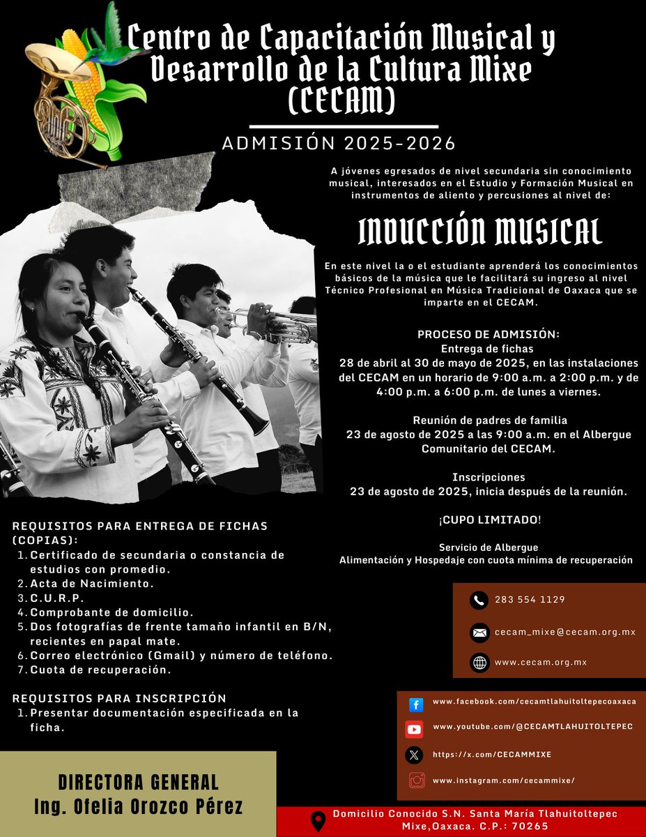 CECAMMIXE's tweet photo. Convocatoria para el ingreso al CECAM Ciclo Escolar 2025-2026: INDUCCIÓN MUSICAL.
https://t.co/QoaScFAROL
"Por la Vida Musical Mixe"
#PorSiempreCECAM https://t.co/PlSdetiV41