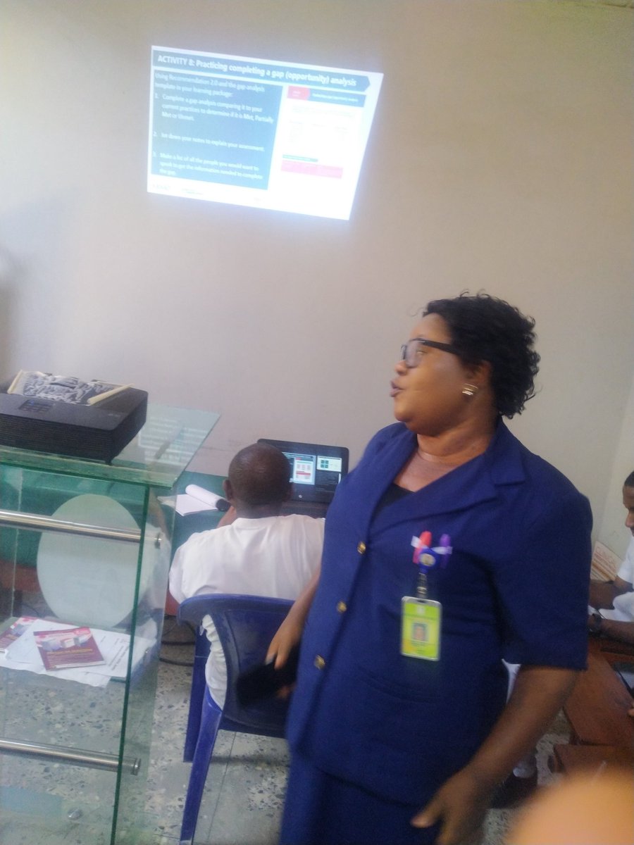 Nurse Lavi speaking on;
Completing a gap analysis- a tool for assessing the difference between current practice and best practices.

Prioritizing changes as quick wins, major project, insufficient gains, consider in future

Assessing barriers and facilitators to making a change