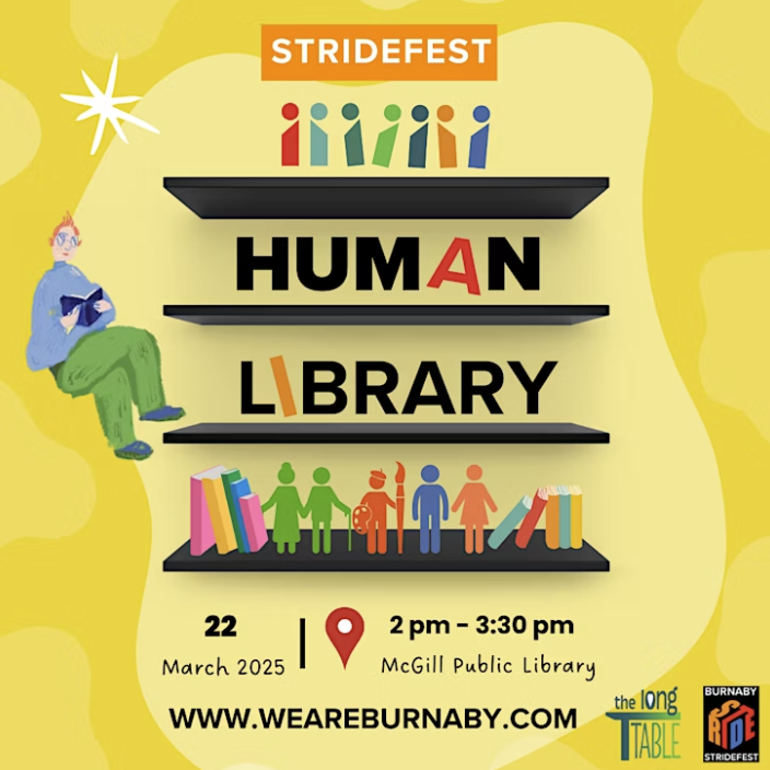📖Each "human book" has a unique story to share. As part of Burnaby’s #StrideFest2025, sit down with an artist for a one-on-one conversation and listen to their story.

📅Sat March 22
⏰2:00pm - 3:30pm
📍McGill Library (4595 Albert St)

🌐For registration:
eventbrite.ca/e/stridefest-h…