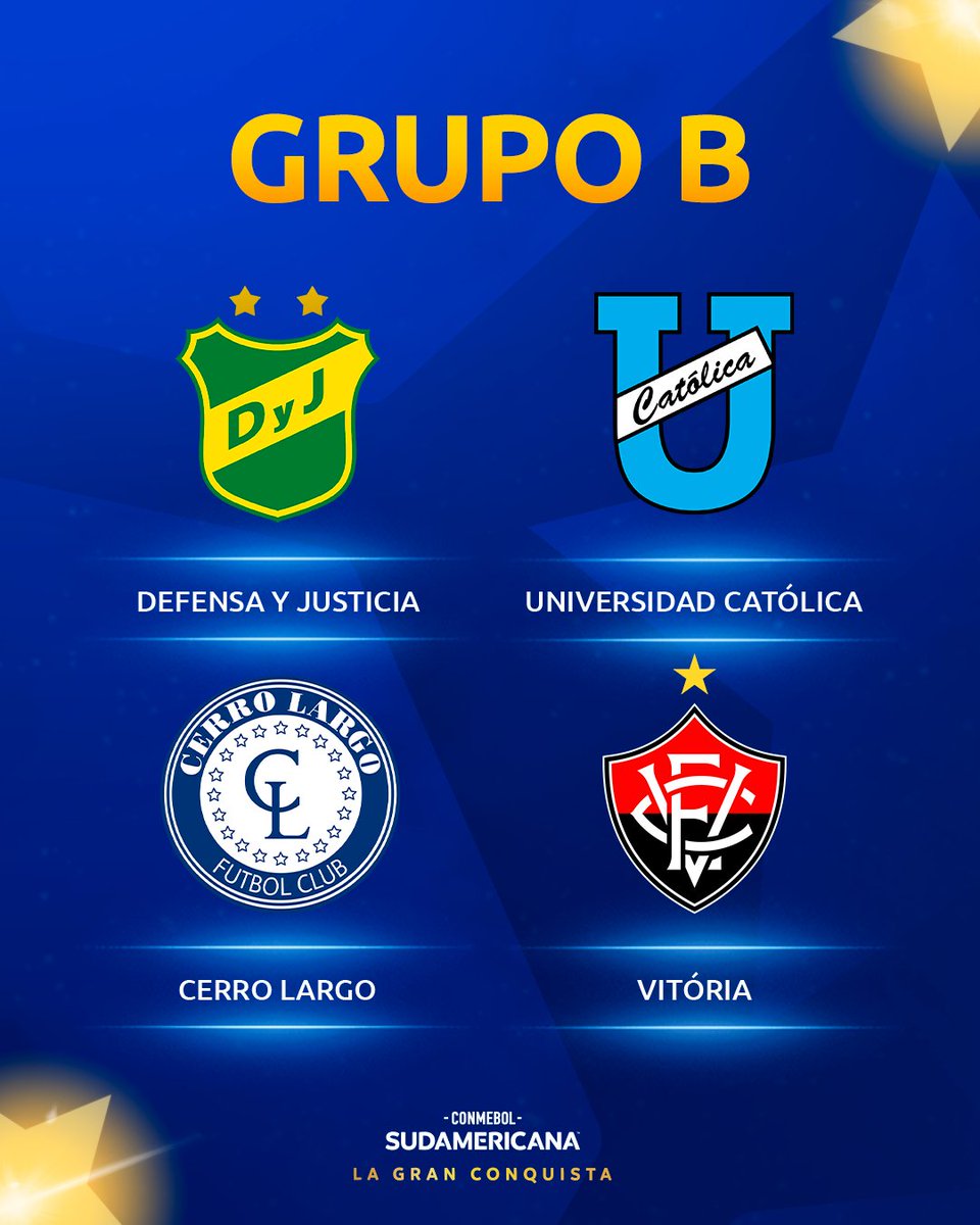 🏆 El Grupo B de la CONMEBOL #Sudamericana:

🇦🇷 <a href="/ClubDefensayJus/">Defensa y Justicia</a> 
🇪🇨 <a href="/UCatolicaEC/">U. Católica Ecuador</a> 
🇺🇾 <a href="/CerroLargoFc/">Cerro Largo Fútbol Club</a> 
🇧🇷 <a href="/ECVitoria/">EC Vitória</a> 

#LaGranConquista