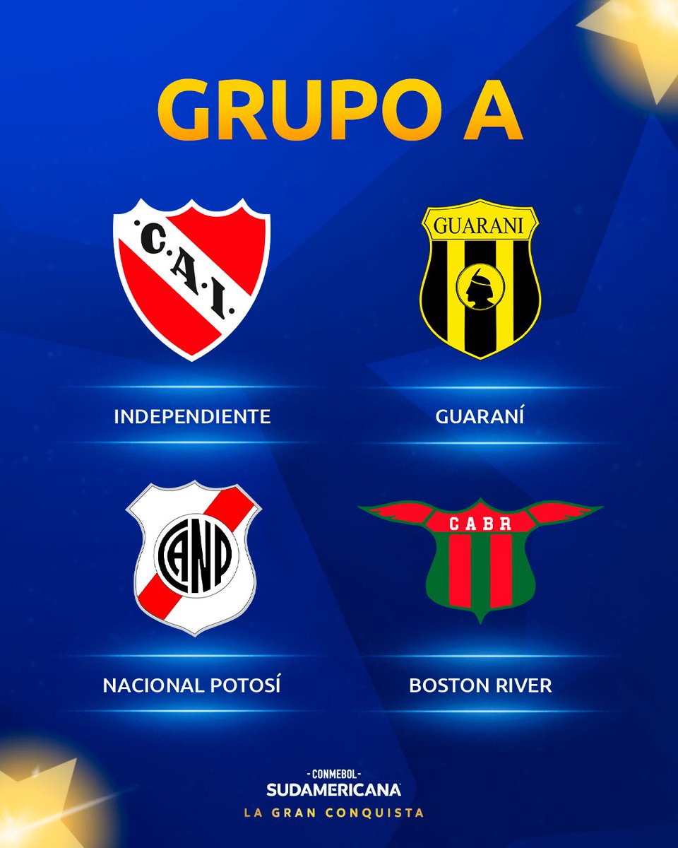 🏆 El Grupo A de la CONMEBOL #Sudamericana:

🇦🇷 <a href="/Independiente/">C. A. Independiente</a> 
🇵🇾 <a href="/ClubGuarani/">Club Guarani</a> 
🇧🇴 #NacionalPotosí
🇺🇾 <a href="/bostonriver/">BOSTON RIVER</a> 

#LaGranConquista