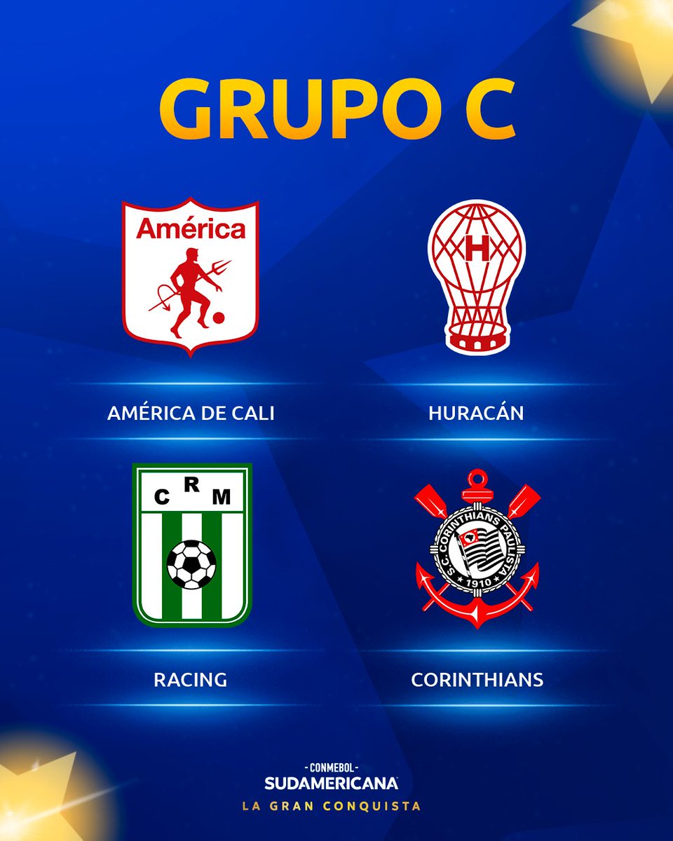 🏆 El Grupo C de la CONMEBOL #Sudamericana:
🇨🇴 <a href="/AmericadeCali/">América de Cali</a>  
🇦🇷 <a href="/CAHuracan/">CA Huracán</a>  
🇺🇾 <a href="/RacingClubUru/">Racing Club de Mvdeo.</a> 
🇧🇷 <a href="/Corinthians/">Corinthians</a> 

#LaGranConquista