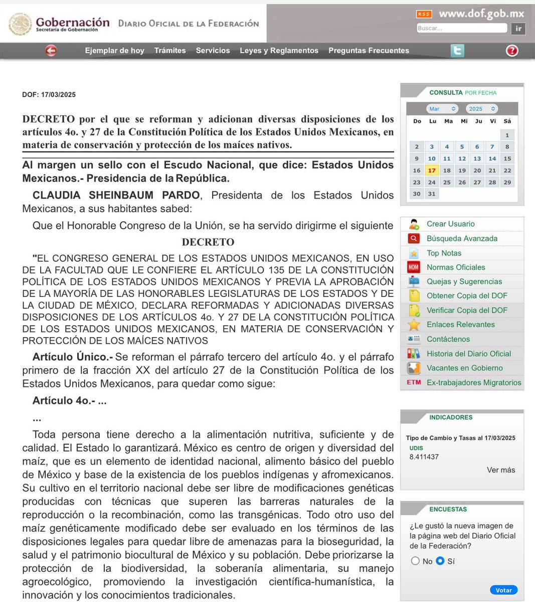 ¡ES OFICIAAAAAAAL! 

¡AHORA SÍ! 

Queda publicado en el Diario Oficial de la  Federación la reforma sobre el maíz a los artículos 4o y 27 constitucional. 

¡Viva nuestro maíz que nos da patria!

¡Vivas los campesinas y campesinas!

¡Vivas los pueblos y comunidades!

¡Viva México!