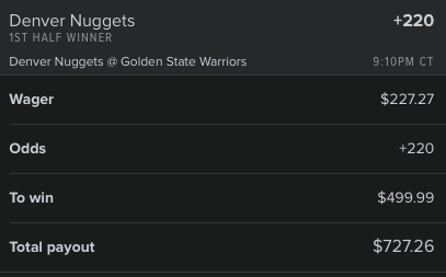 thedaybettor's tweet image. Quick $56+with @OddsJam pregame arbitrage tool! 💰
Nuggets 1H Moneyline - Wager $227.27 on Fanduel
Payout = $727.26
Warriors - Wager $440 on Circa
Payout = $723.87
Total wager = $667.27
Total payout = $727.26 or $723.87
Profit = $59.99 or $56.60
oddsjam.com/?ref=thedaybet…
Code:…