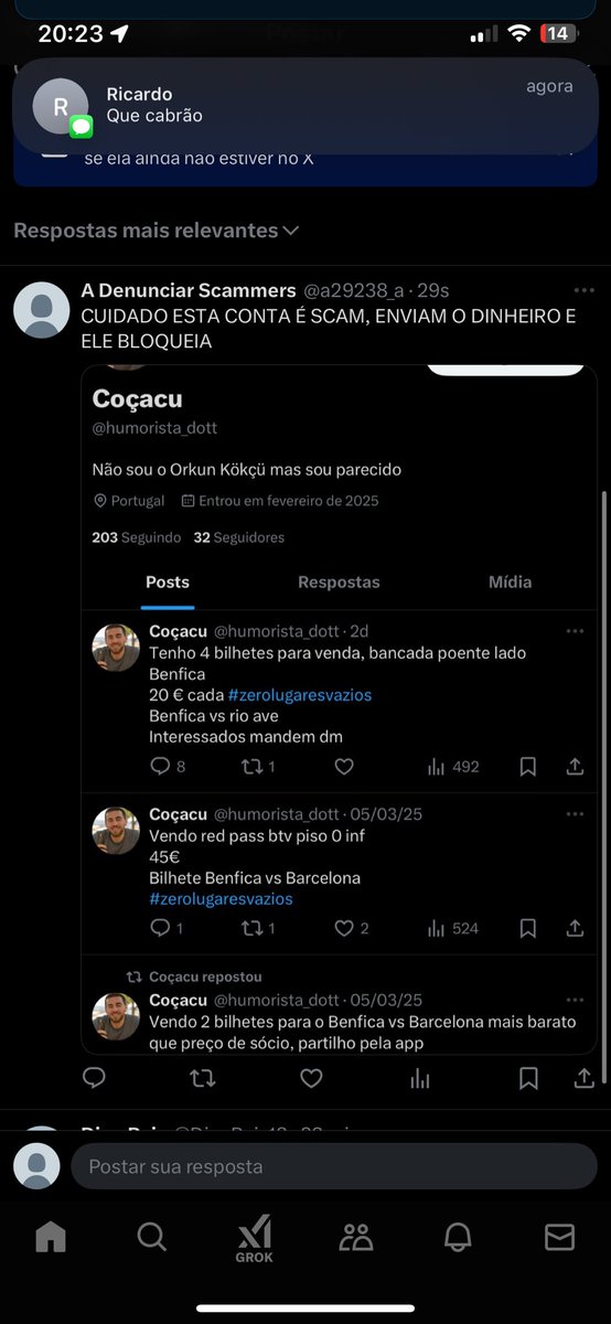 pilarg303's tweet photo. @lealtiago725 @humor_negroooo2 @xaninhooo_ Alô!Esta conta anda a roubar dinheiro à malta que se mostra interessada em comprar seja o que for que esta pessoa diz que tem disponível pra vender, nomeadamente bilhetes para concertos ou futebol. Hoje roubou me 25€ num suposto bilhete para o concerto do dillaz por isso CUIDADO https://t.co/M9dDXtryW7
