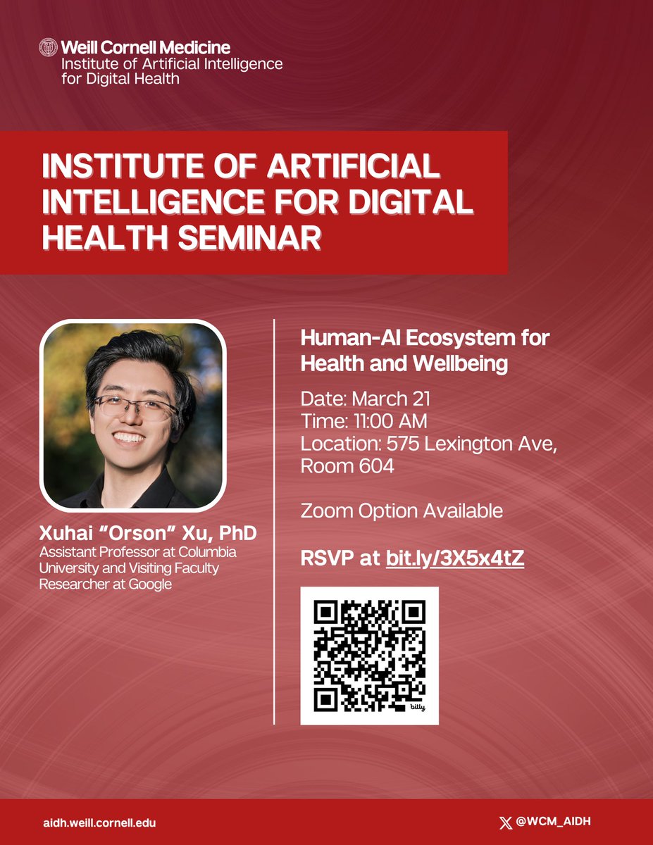 WCM_AIDH's tweet image. We are thrilled to have @Orson_Xu to talk about “Human-AI Ecosystem for Health and Wellbeing” this Friday in our March seminar. Please register at bit.ly/3X5x4tZ