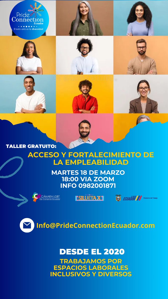 🏳️‍🌈🏳️‍⚧️💜💚Taller gratuito: 
Acceso y Fortalecimiento de la empleabilidad

Martes 18 de marzo 18:00 via zoom
info 0982001871 (solicitar link) 

Promovemos desde el 2020 espacios laborales inclusivos y diversos en Ecuador.