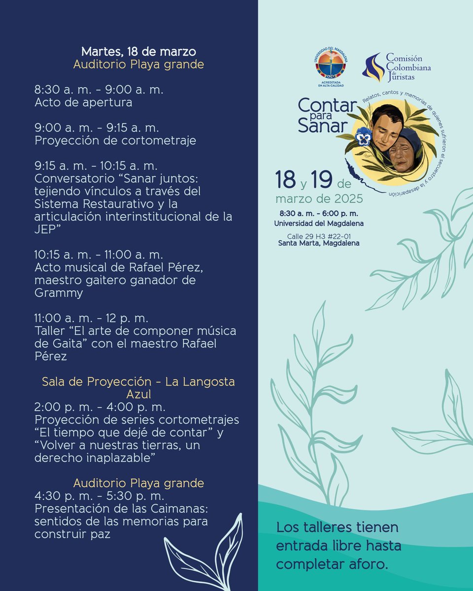 Unimagdalena's tweet photo. 🗣️🕊️🇨🇴Te esperamos este 18 y 19 de marzo en la cuarta versión de Contar para sanar "Relatos, cantos y memorias de quienes sufrieron el secuestro y la desaparición", una iniciativa de la @Coljuristas y que cuenta con nuestro apoyo. ⚖️

Conoce la programación 👇

#PrográmateUM https://t.co/jIckJdAXFs
