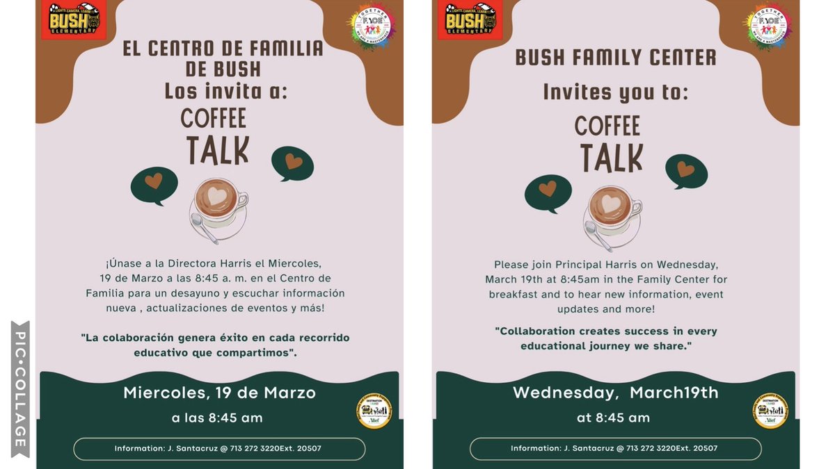 Join us on March 19 at 8:45am and enjoy a talk with our Principal about the news at our school ⁦<a href="/Alief_Fame/">Alief FACE</a>⁩ ⁦<a href="/ajbushelem/">Bush Elementary</a>⁩
