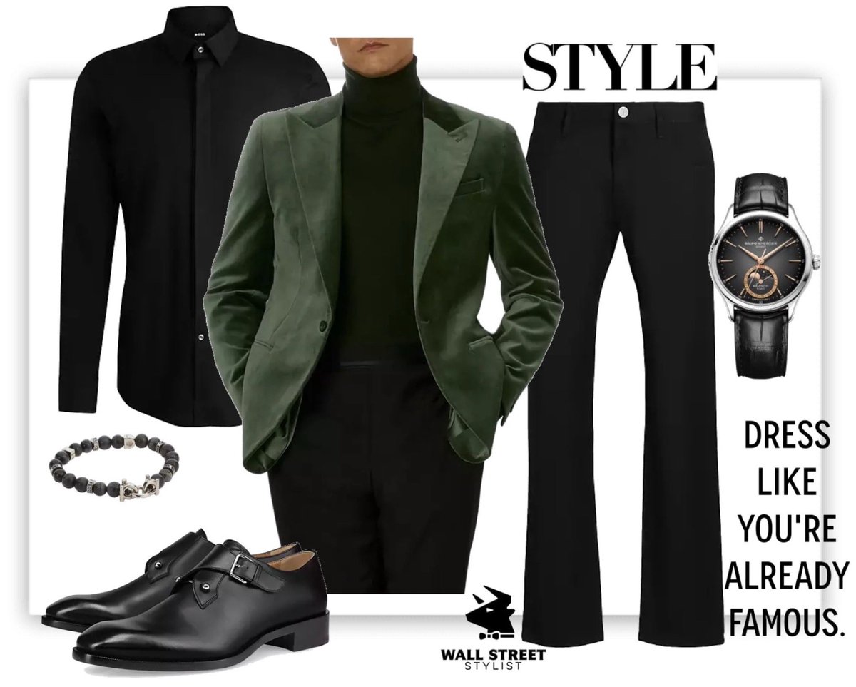 WallStStylist's tweet photo. Men’s green velvet dinner jacket paired with all black….giving it just enough of a modern edge. Perfect for date night, a supper club, jazz club, or other swanky event.  Shop the look here: https://t.co/uBvSxUUYzO. #menswear https://t.co/dXVpYgl9Nc