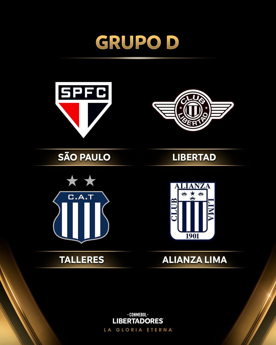 CONMEBOL Libertadores (@libertadores) on Twitter photo 🏆 El Grupo D de la CONMEBOL #Libertadores:
🇧🇷 <a href="/SaoPauloFC/">São Paulo FC</a>
🇵🇾 <a href="/Libertad_Guma/">Club Libertad</a>
🇦🇷 <a href="/CATalleresdecba/">Club Atlético Talleres</a>
🇵🇪 <a href="/ClubALoficial/">Club Alianza Lima</a>
#GloriaEterna 🏆 El Grupo D de la CONMEBOL #Libertadores:
🇧🇷 <a href="/SaoPauloFC/">São Paulo FC</a>
🇵🇾 <a href="/Libertad_Guma/">Club Libertad</a>
🇦🇷 <a href="/CATalleresdecba/">Club Atlético Talleres</a>
🇵🇪 <a href="/ClubALoficial/">Club Alianza Lima</a>
#GloriaEterna