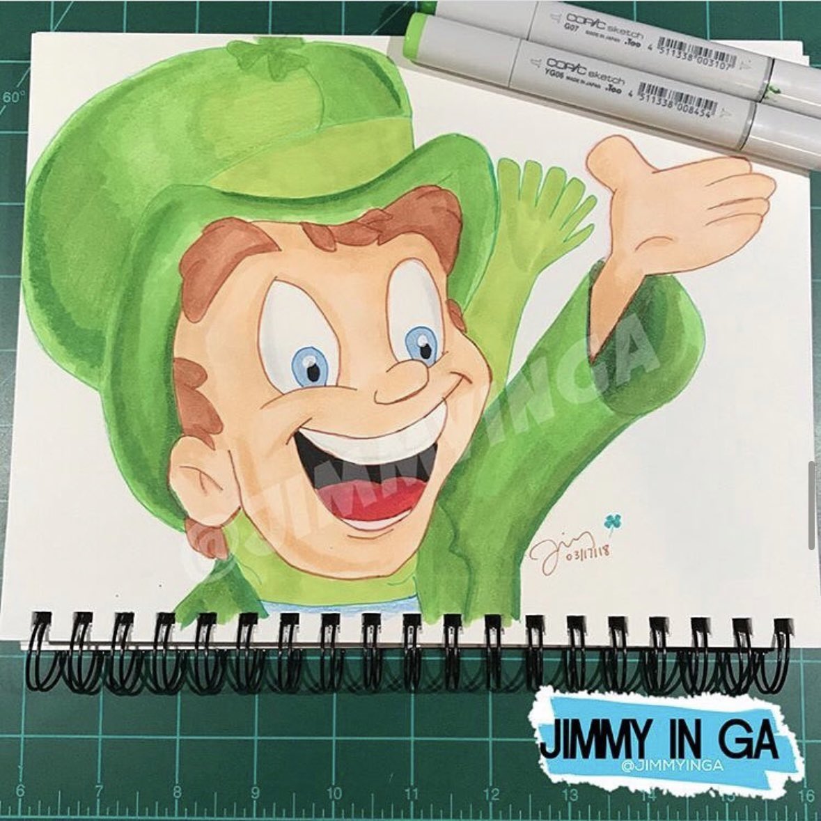 JimmyinGA's tweet photo. Happy #StPatricksDay! A few years ago, I sketched #Lucky the #Leprechaun, from #LuckyCharms, with the #CrayolaColoredPencils. I inked it, with a #Sakura Pigma Micron Green, Brown, and Blue 05. I colored it with the #CopicMarkers. #CerealMascot #Breakfast #GeneralMills https://t.co/V39RtZhZJa