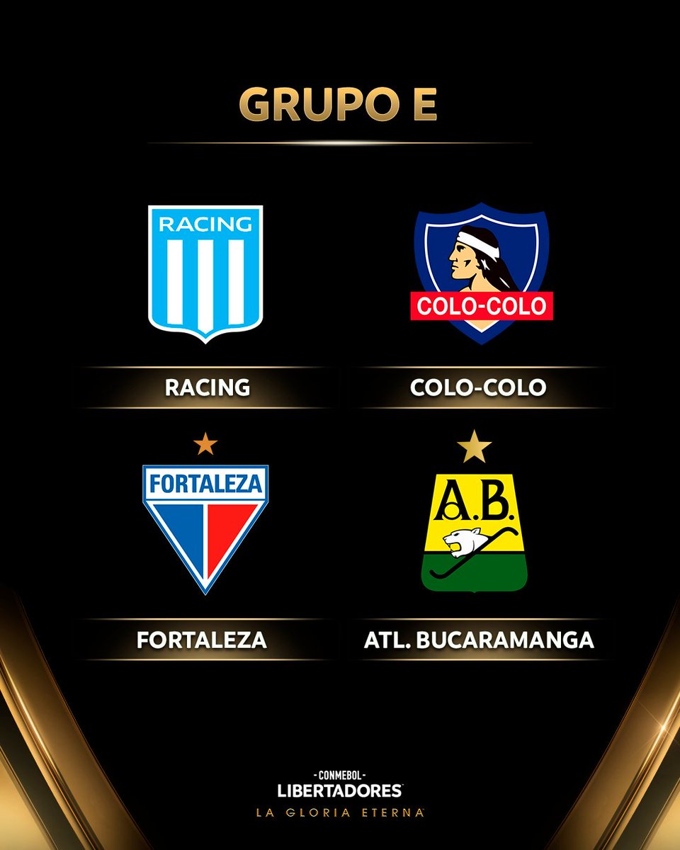 Libertadores's tweet photo. 🏆 El Grupo E de la CONMEBOL #Libertadores:

🇦🇷 @RacingClub 
🇨🇱 @ColoColo 
🇧🇷 @FortalezaEC 
🇨🇴 @ABucaramanga 

#GloriaEterna https://t.co/ZdjY1XqoGD