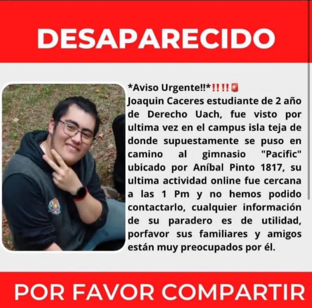 Joaquin Caceres, estudiante de 2 año de derecho en #Uach desaparecido en #Valdiviacl 

Rt! 🙏