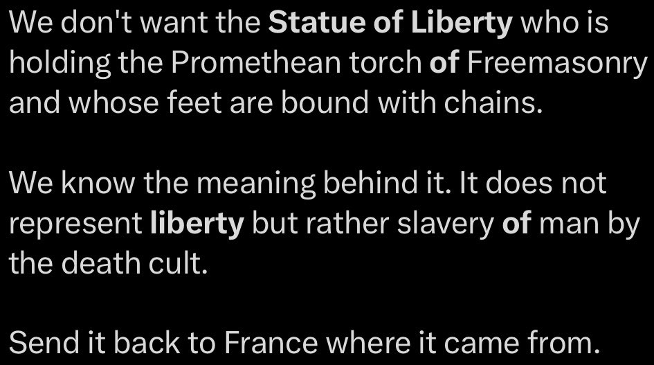 isitpagan's tweet photo. The #StatueofLiberty. #isitpagan? 

No. In fact it’s supposed to be a symbol of freedom from oppression, albeit not truly lived out here in the US or in France for that matter. https://t.co/bnzV5pevBV