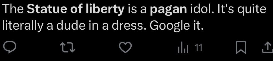 isitpagan's tweet photo. The #StatueofLiberty. #isitpagan? 

No. In fact it’s supposed to be a symbol of freedom from oppression, albeit not truly lived out here in the US or in France for that matter. https://t.co/bnzV5pevBV