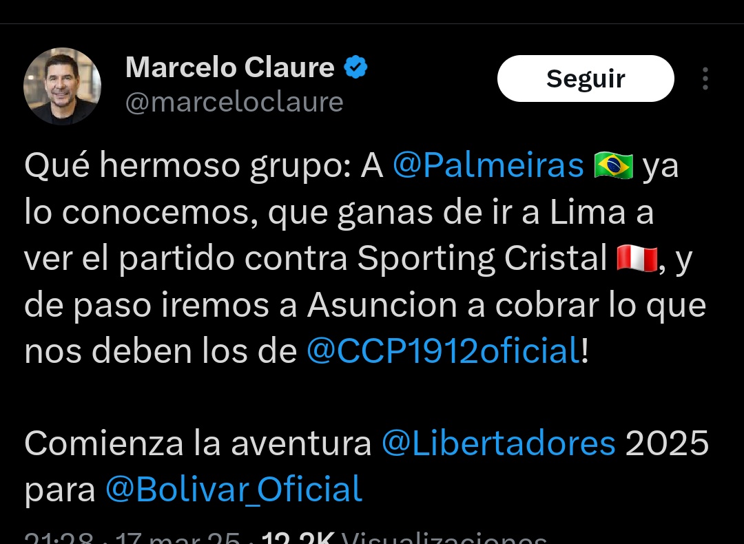 BrunoPont's tweet photo. El posteo del Presidente de #Bolivar, rival de #CerroPorteño en la #Libertadores:

"De paso iremos a Asunción a cobrar lo que nos deben (Francisco Da Costa)".

95.5 FM @rockandpop955
1020 AM @nanduti 
96.1 FM CDE 660 AM CDE Itapirú.
#LaGranJugada. https://t.co/fC76iHsxoj
