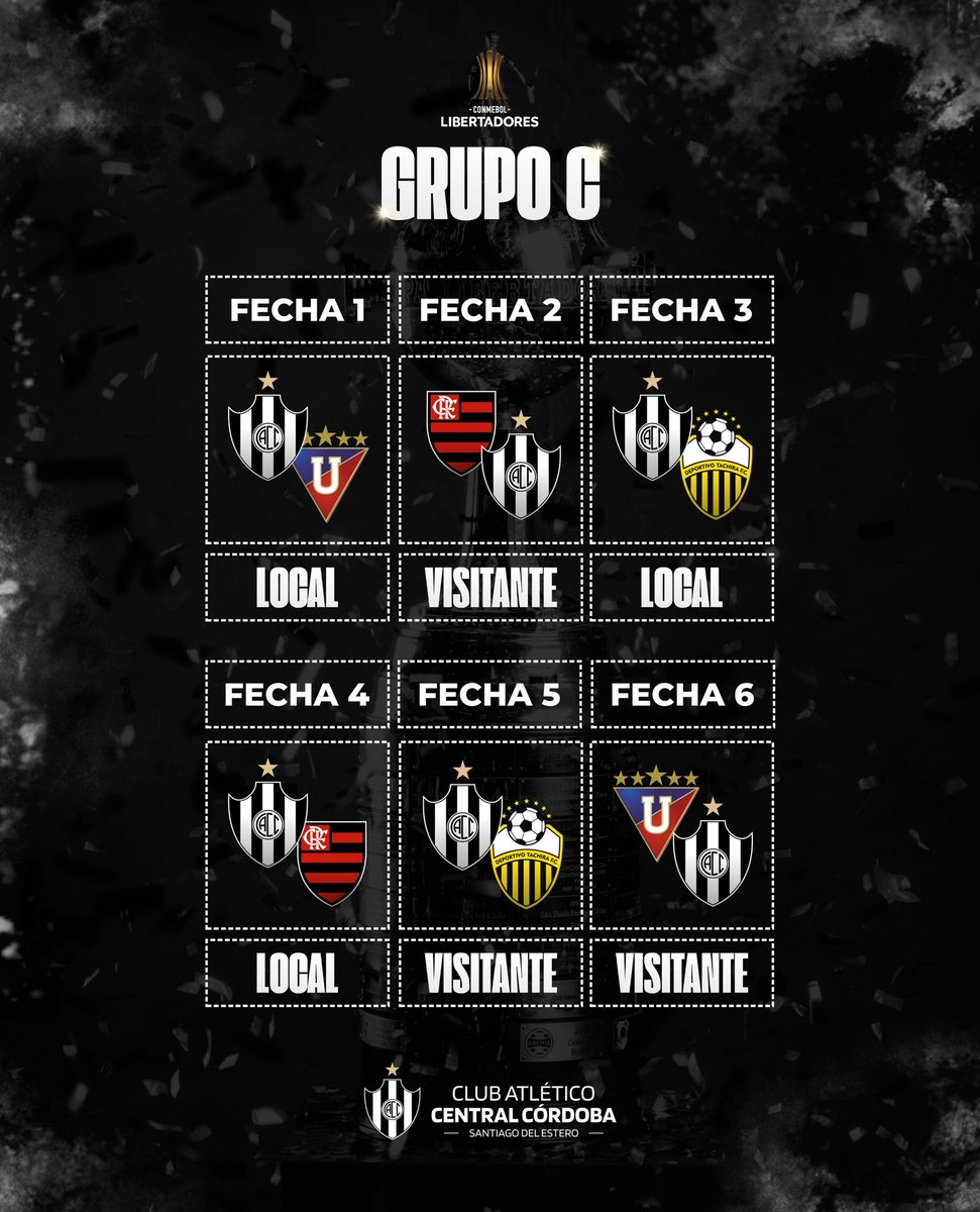 🔛 Confirmados nuestros rivales para la fase de grupos de la CONMEBOL #Libertadores 🏆

🇧🇷 Flamengo
🇪🇨 Liga Deportiva Universitaria de Quito
🇻🇪 Deportivo Tachira

CENTRAL CORDOBA y NADA MAS. 🏴🏳🏴