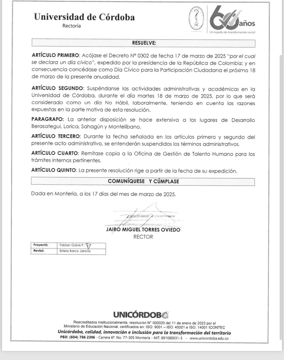 La universidad de Córdoba se acoge al decreto 0302 que declara día cívico, suspende actividades para que docentes, estudiantes y trabajadores salgan a la calle a exigir sus derechos 

#SiALasReformasSociales