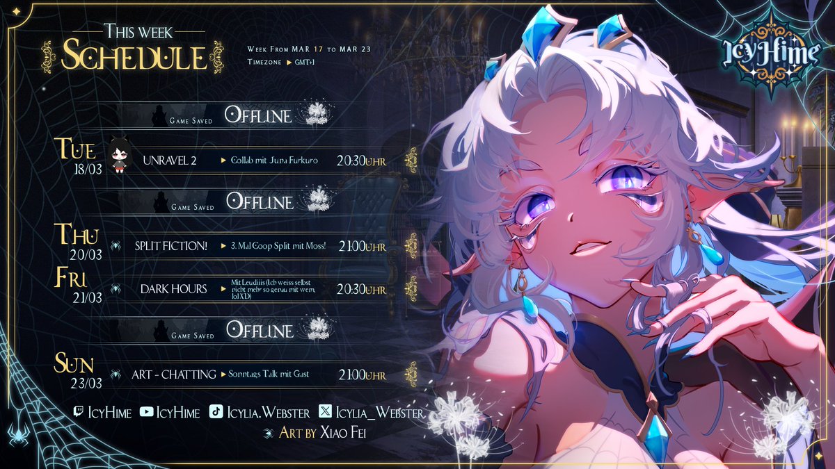 IcyHime | GER Spider Vtuber |🕸️👑❄️ (@icylia_webster) on Twitter photo Wochenplaaaan! Am Dienstag geht es weiter mit Unravel 2 mit <a href="/JunaFurkuro/">Juna Furkuro</a> (ab 20 Uhr Technik Scuff -> 20:30 GO), gefolgt am Donnerstag mit Moss bei Split Fiction! Freitags sind wir bei einer Dark Hours Collab dabei! Und natürlich vergesst den tradiotionellen Sonntagsstream nicht! Wochenplaaaan! Am Dienstag geht es weiter mit Unravel 2 mit <a href="/JunaFurkuro/">Juna Furkuro</a> (ab 20 Uhr Technik Scuff -> 20:30 GO), gefolgt am Donnerstag mit Moss bei Split Fiction! Freitags sind wir bei einer Dark Hours Collab dabei! Und natürlich vergesst den tradiotionellen Sonntagsstream nicht!