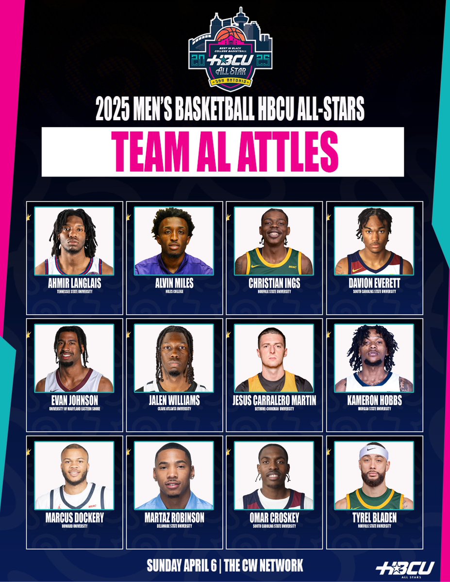 HBCUAllStarGame's tweet photo. The 2025 Men’s Basketball HBCU All-Star Game Roster Has Been Announced 

The 4th Annual Men’s  HBCU All-Star Game is Sunday April 6 in San Antonio, TX 

Tickets are on sale now: https://t.co/X2vQhpJUBW

 #hbcuallstargame #thebestinblackcollegebasketball https://t.co/c7MGO0HQuC
