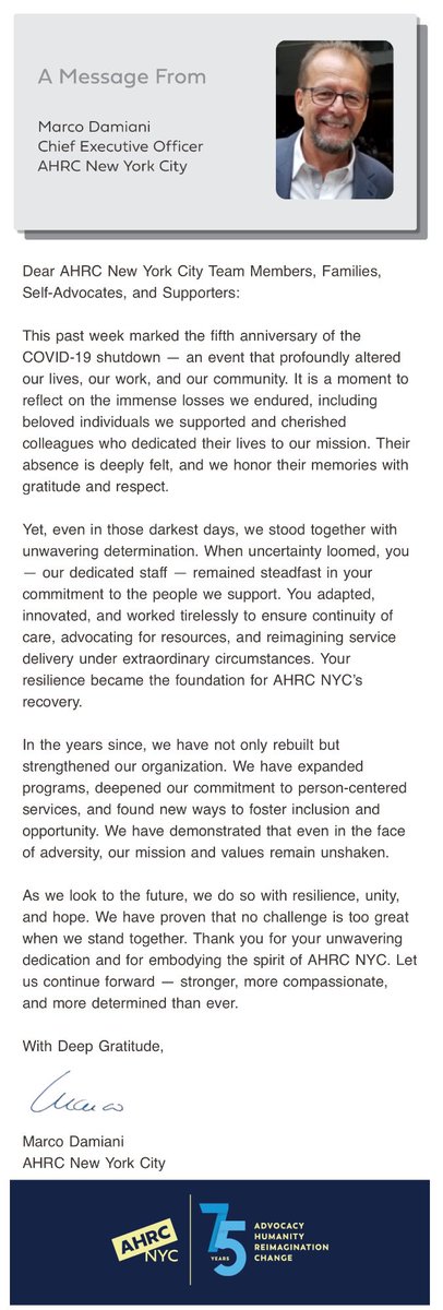 AHRCNYC's tweet image. A message from our CEO, Marco Damiani, on the fifth anniversary of the COVID-19 pandemic: