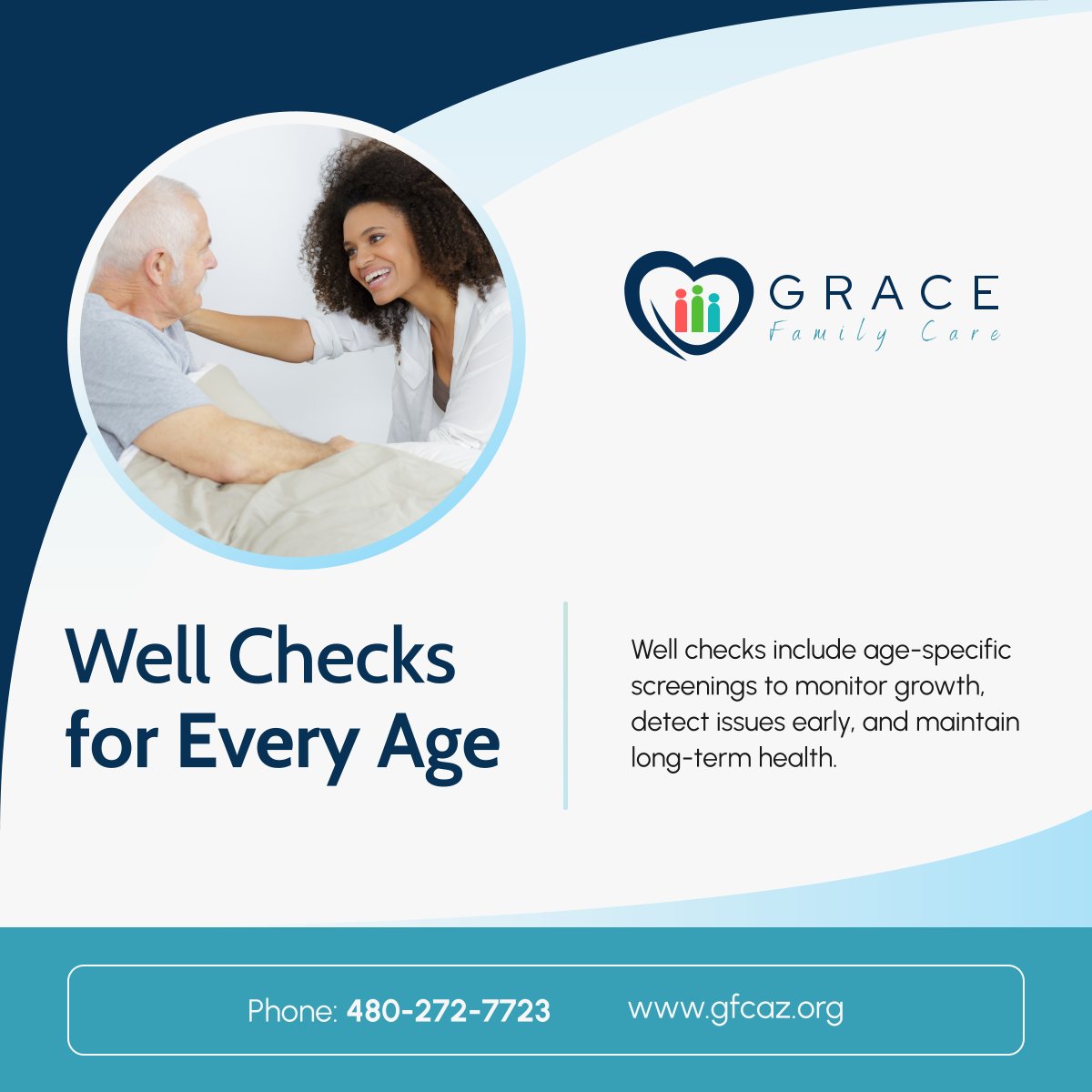 GraceFCare's tweet photo. Regular well checks support lifelong health. From childhood milestones to adult screenings and senior wellness care, proactive checkups keep you thriving. Prioritize your health—schedule your well check today! 

#PhoenixAZ #HealthcareServices #PreventiveCare https://t.co/9JevdrqloY