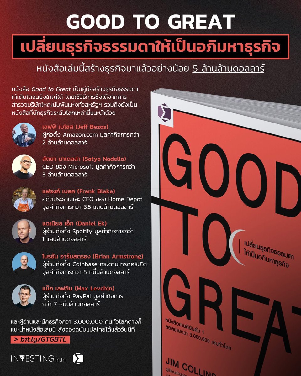 INVESTINGinth's tweet image. หนังสือธุรกิจในตำนานกลับมาแปลใหม่แล้ว #GoodtoGreat เปลี่ยนธุรกิจธรรมดาให้เป็นอภิมหาธุรกิจ