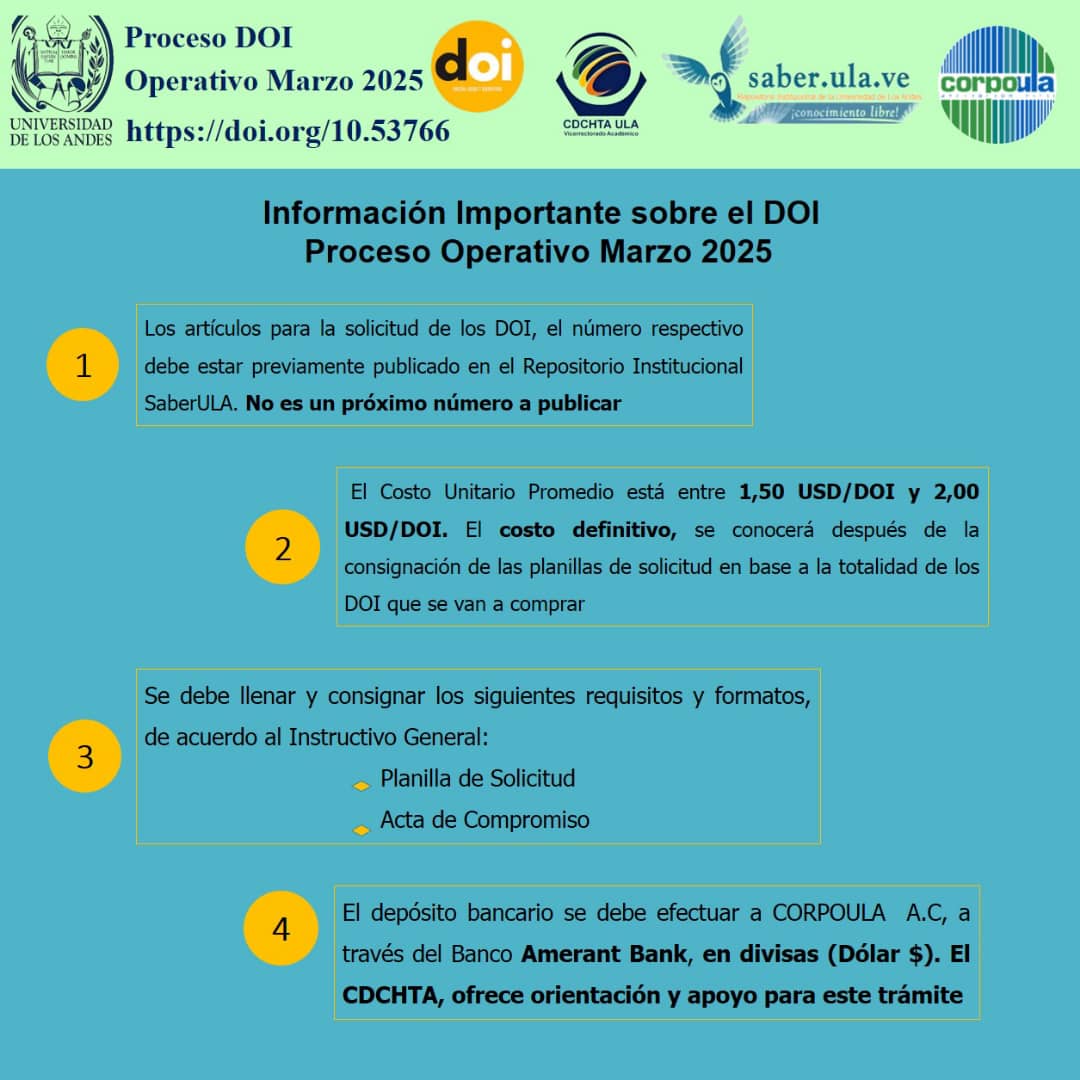El CDCHTA de la ULA informa a la comunidad de editores que el proceso de compra y asignación de DOI para las revistas científicas se realizará a través del primer operativo  marzo 2025. La fecha límite para la consignación de las planillas de solicitud es el 28 de marzo. #ULA