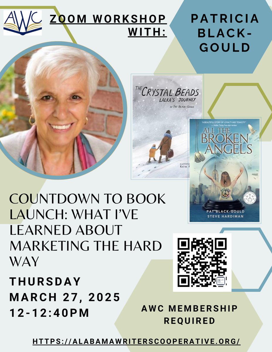 Upcoming Zoom Workshop: Countdown to Book Launch with Patricia Black-Gould. Thursday, March 27th from 12-12:40 PM. Register at: shorturl.at/8X54i Free to AWC Members. #writingcommunity