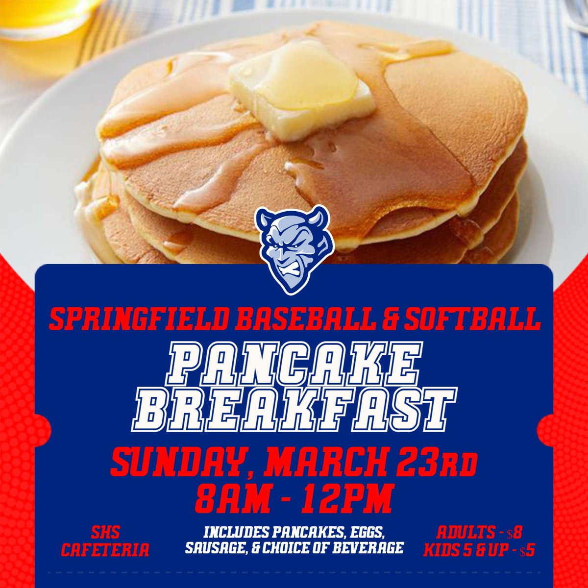Springfield Athletics (@sfieldathletics) on Twitter photo The annual baseball & softball PANCAKE BREAKFAST is THIS SUNDAY from 8 AM - 12 PM. This event always hits the spot! Put Sunday breakfast on your calendar and come out and support the SHS baseball & softball programs! 🥞 ⚾ 🥎 <a href="/BluedevilBaseb3/">Bluedevil Baseball</a> <a href="/ladydvlsnation/">Holland Springfield Softball</a> <a href="/sfieldHS/">Springfield High School</a> The annual baseball & softball PANCAKE BREAKFAST is THIS SUNDAY from 8 AM - 12 PM. This event always hits the spot! Put Sunday breakfast on your calendar and come out and support the SHS baseball & softball programs! 🥞 ⚾ 🥎 <a href="/BluedevilBaseb3/">Bluedevil Baseball</a> <a href="/ladydvlsnation/">Holland Springfield Softball</a> <a href="/sfieldHS/">Springfield High School</a>