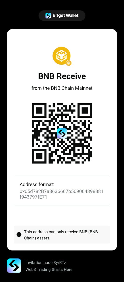 My wallet address to receive BNB on BNB Chain:0x05d782B7a8636667b509064398381f943797fE71
Pay me via Bitget Wallet:
web3.bitget.cloud/en/wallet-down…