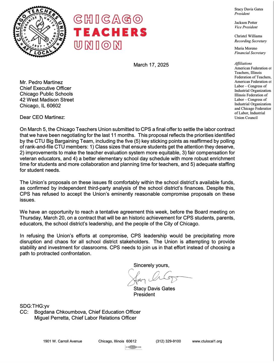 nellbsalzman's tweet photo. CTU President Stacy Davis Gates threatens escalation in a letter sent to CPS Monday, days before a school board vote on a controversial budget amendment.

Doesn’t threaten a strike, but the possibility hangs over the letter. Two weeks ago, CTU gave its last, best and final offer. https://t.co/W7W6l5aM0S