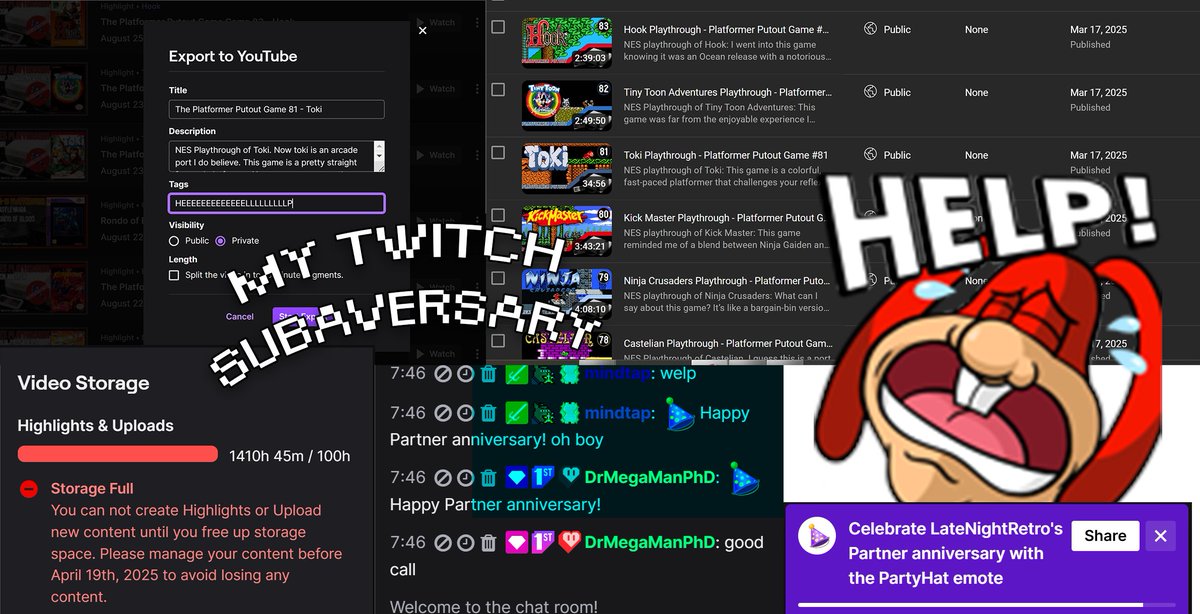 Today is my official Twitch Subaversary. How am I spending it? Well, continuing to export the content they forced me to remove from their platform by 4/19. Thanks <a href="/Twitch/">Twitch</a> for taking half my money all these years, and then not having the decency to preserve my content. :) :) :)