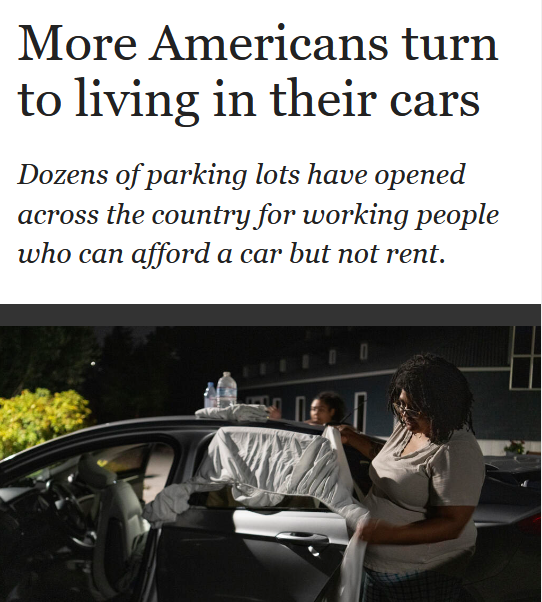 Horrific capitalist dystopia:  She makes $72K/yr but lives in a Ford Fusion.  She can't afford rent in Seattle