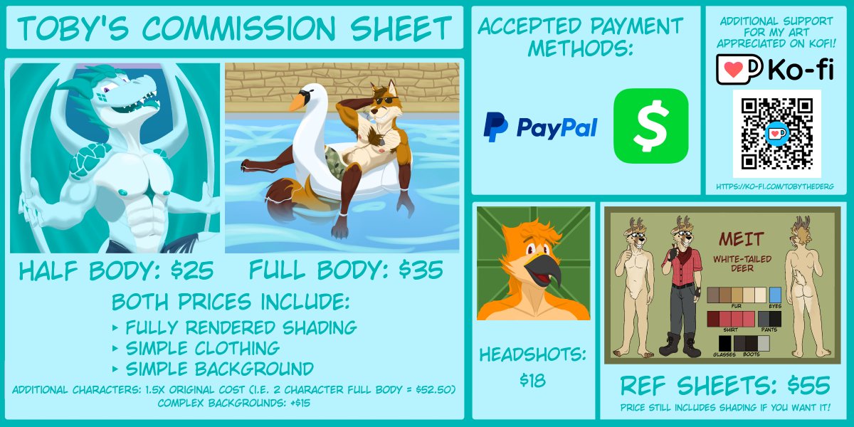 TobyTheDerg's tweet image. Updated commission sheet! Check my bio for open/closed status. Message me for additional info and rules!