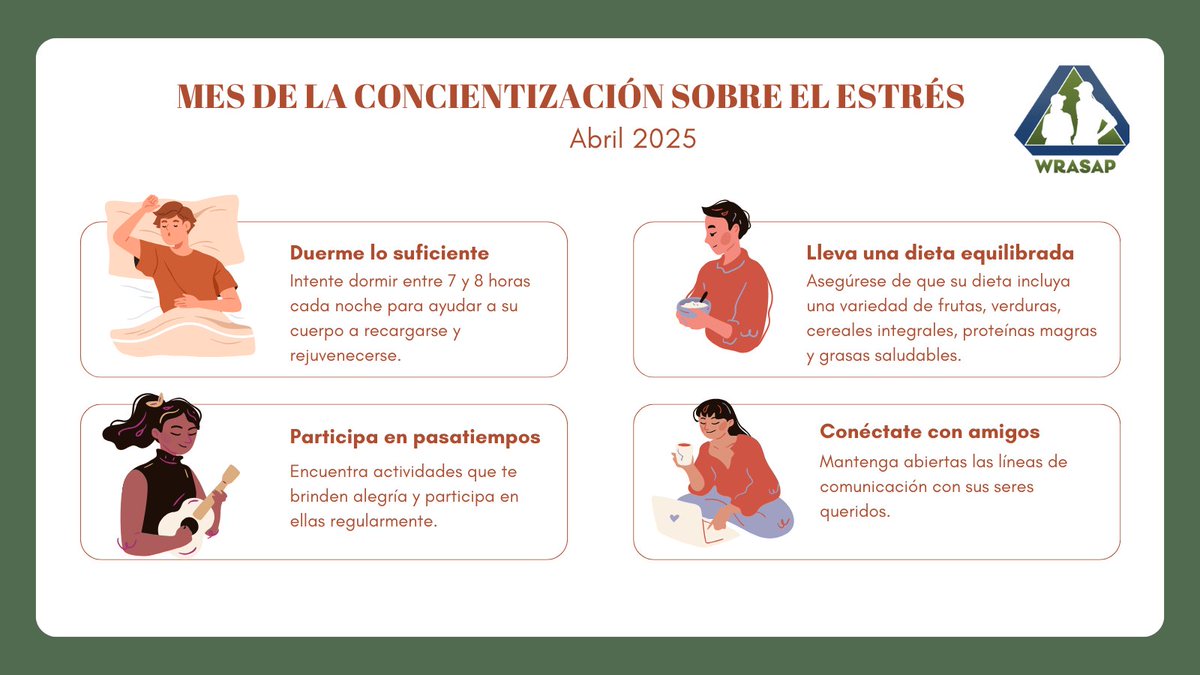 WRASAP_Espanol's tweet photo. Abril es el Mes de la Concientización sobre el Estrés. Te animamos a incorporar técnicas saludables de manejo del estrés en tu día a día. 

Para obtener más información sobre el estrés visita https://t.co/RMsYuc8UN0 https://t.co/gO9m29YSwF