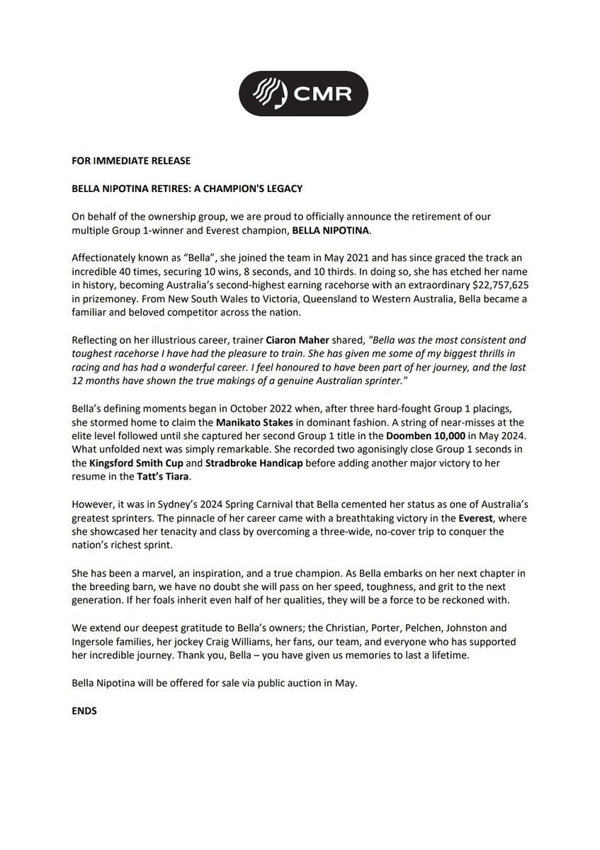 On behalf of the ownership group, we proudly announce the retirement of our Everest champion &amp; multiple Group 1 winner, BELLA NIPOTINA 🏆

A mare with heart, grit, and a will to win—Bella has given us memories to last a lifetime. Now, she embarks on a new venture in the breeding