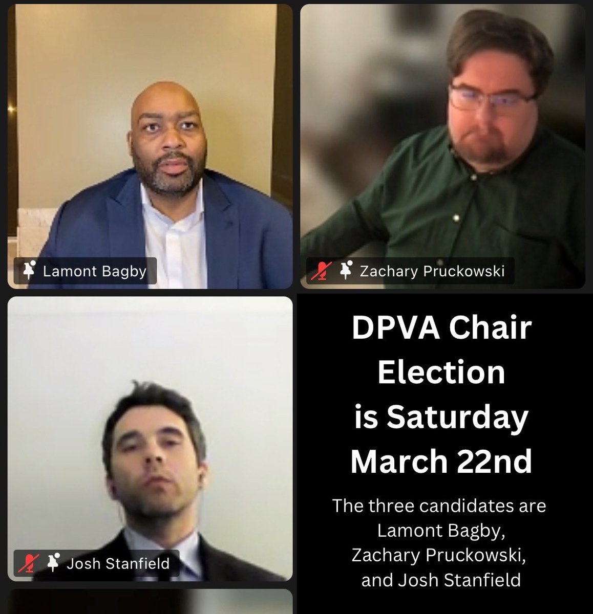 DPVA will be electing its next chair on Saturday March 22nd. There are three candidates: Senator Lamont Bagby, Zachary Purkowski, and Josh Stanfield.