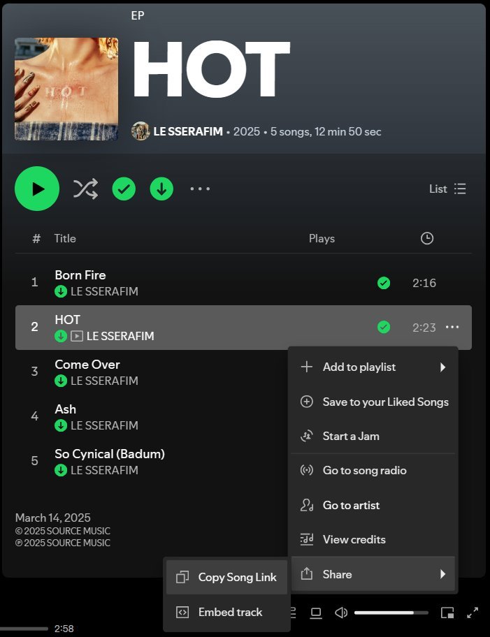 📢  FEARNOTS SPOTIFY

LET'S STREAM ALL SONGS IN HOT ALBUM

1. Open Spotify App or Website 
2. Search LE SSERAFIM HOT
3. Click on the 3 dots 
4. Share and Copy the link
5. Reply links 5x with captions to avoid bot spamming

🎯 GOAL: 400 replies 
More sharing = More autoplay ❤️‍🔥❤️‍🔥❤️‍🔥