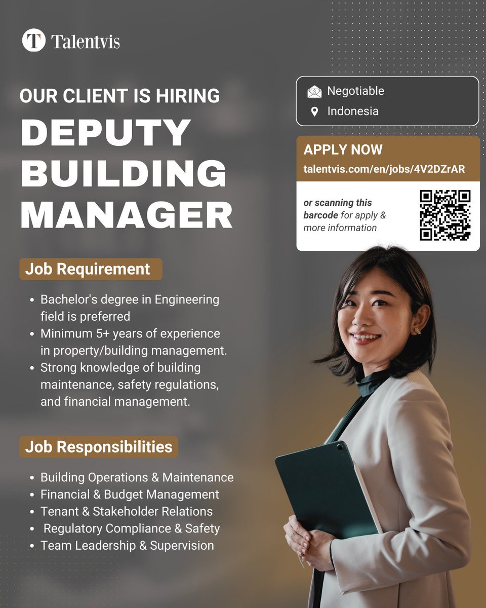 talentvis's tweet photo. We are looking for Building Management Professional to join our client's team in #Indonesia

📩 More info &amp; Apply: Scan the barcode
🔗 Visit https://t.co/CF0i1LTVZ3 for more job opportunities!

#NowHiring #BuildingManagement #CareerOpportunity #Talentvis https://t.co/4QtpUf4X8W