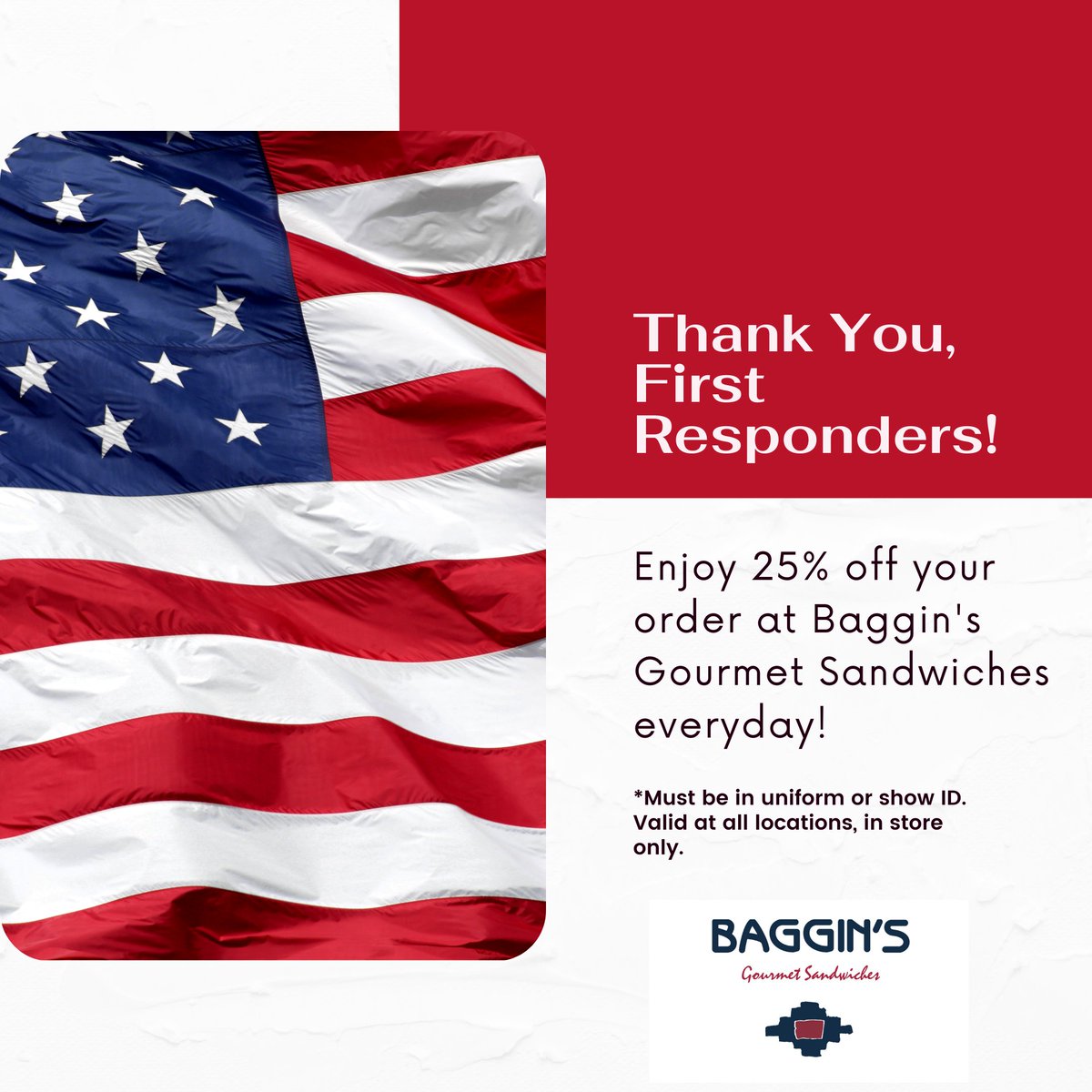 BagginsArizona's tweet image. 🚨 Calling all first responders! 🚨 

Did you know Baggins Gourmet Sandwiches gives 25% off your order —anytime! Just show your ID or come in uniform. ❤️🥪

Tag or send to a hero who needs to know! 👮‍♂️🚑🚒

#FirstResponderDiscount #ThankYouHeroes #BGS #ArizonaEats