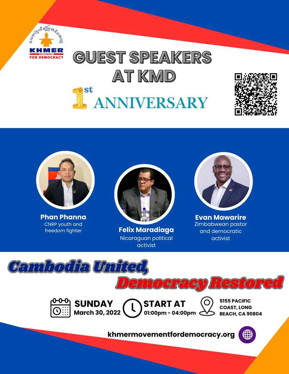 KHMForD's tweet photo. 🌟 Celebrating the 1st Anniversary of the Khmer Movement for Democracy! 🌟
Join us as we mark this historic milestone with an inspiring lineup of guest speakers—freedom fighters who have fearlessly stood against tyranny in their respective countries.
🎤 Felix Maradiaga (Nicaragua) – A fearless advocate for democracy and human rights, Felix has faced imprisonment and persecution for standing up against dictatorship. His unwavering commitment to justice has made him a symbol of resistance in Nicaragua.
🎤 Evan Mawarire (Zimbabwe) – The founder of the #ThisFlag movement, Evan ignited a nationwide call for freedom and accountability in Zimbabwe. His activism forced him into exile, but his voice continues to inspire pro-democracy movements worldwide.
🎤 Phan Phanna (Cambodia) – A courageous youth activist from the CNRP and a freedom fighter who was targeted for assassination by Hun Sen’s regime. While fleeing Cambodia for his safety, he became a symbol of defiance against oppression and a beacon of hope for the Khmer people.