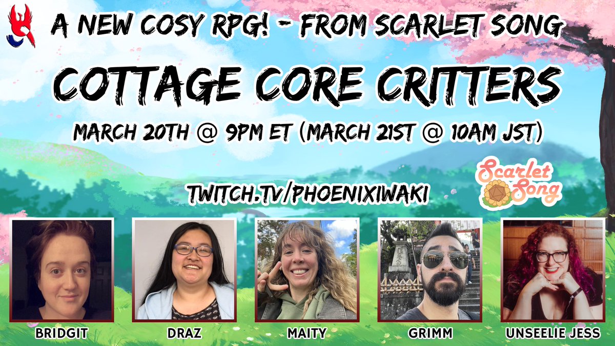 Phoenixiwaki (@phoenixiwaki) on Twitter photo Join us later this week as we feature the BRAND NEW cosy RPG, Cottage Core Critters from:
🌻 <a href="/ScarletSongGM/">🌻ScarletSong🌻✨</a> 🌻
▶️ twitch.tv/phoenixiwaki
🎁 WIN a digital copy of the game!
Critters: @nicetryenigma
<a href="/Drazillion/">Alison Huang - drazillion.itch.io on bsky</a>
@mermaidmaity
@unseeliejess
& Grimm! Join us later this week as we feature the BRAND NEW cosy RPG, Cottage Core Critters from:
🌻 <a href="/ScarletSongGM/">🌻ScarletSong🌻✨</a> 🌻
▶️ twitch.tv/phoenixiwaki
🎁 WIN a digital copy of the game!
Critters: @nicetryenigma
<a href="/Drazillion/">Alison Huang - drazillion.itch.io on bsky</a>
@mermaidmaity
@unseeliejess
& Grimm!