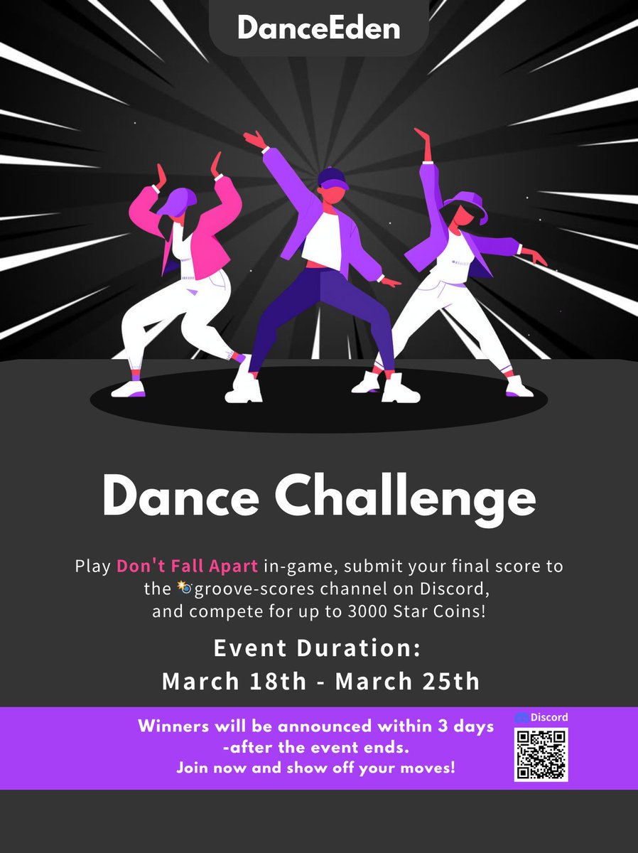 🎉 Dance Eden Community Dance Challenge! 🎉
Challenge yourself to achieve a high score in Don't Fall Apart and win prizes! 🏆

💖 Thank you for your continued support! Your enthusiasm and participation have helped Dance Eden grow and improve.
We hope everyone enjoys dancing and