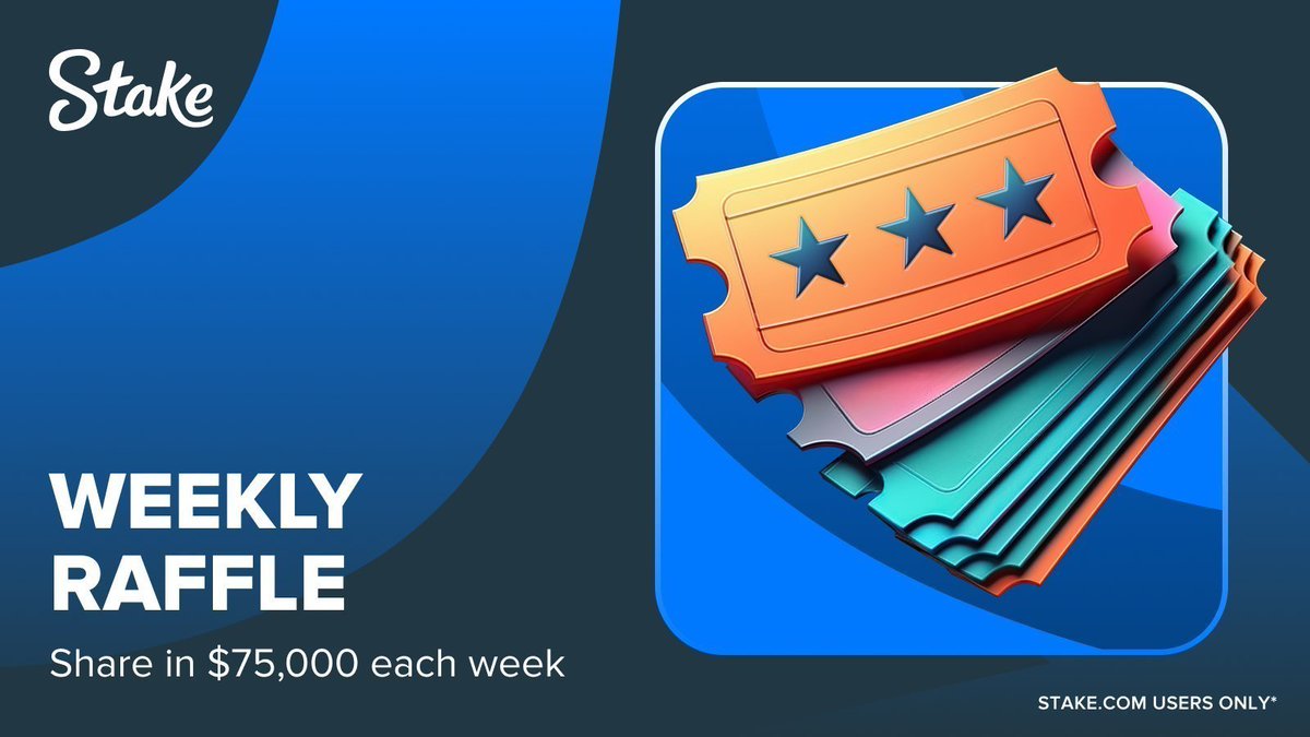 Stake's tweet image. It's time to get your tickets for the new raffle 🎟️

Every $1,000 wagered each week gets you 1 ticket into our $75k weekly raffle! 🤑

The 'Promotions' tab on site has all the details ✍️