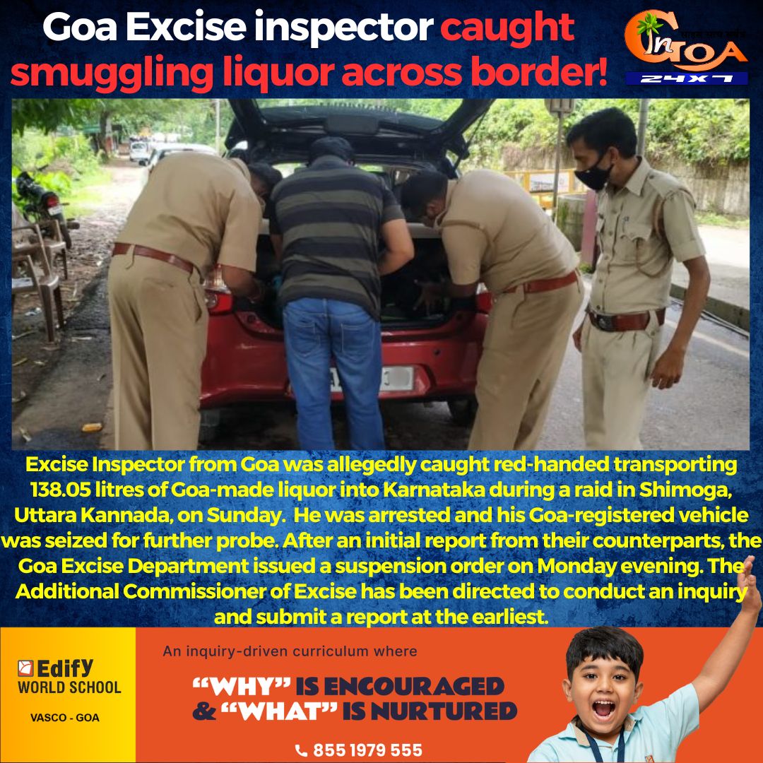 InGoa24x7's tweet image. Excise Inspector from Goa was allegedly caught red-handed transporting 138.05 litres of Goa-made liquor into Karnataka during a raid in Shimoga, Uttara Kannada, on Sunday.  
.
.
.
#Goa #GoaNews #Excise #Inspector #Smuggle
