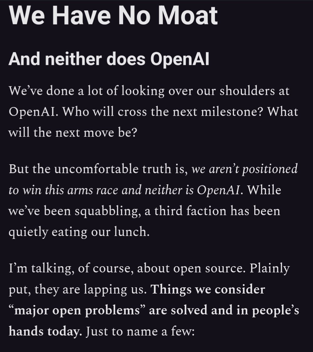 ai_for_success's tweet photo. Google was so right about this, they knew what was coming.

When the leaked document claimed, "We have no moat, neither does OpenAI". 

They weren’t wrong, Open-source AI is where the magic happens and it's available for free but Google is atleast making sure the models are available to everyone and it's cheap atleast.
Can’t wait for DeepSeek R2 and LLAMA-4.