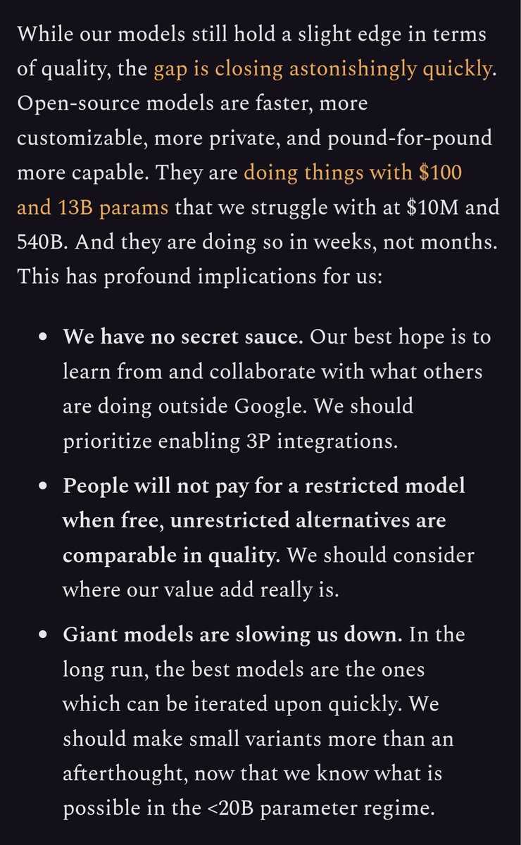 ai_for_success's tweet photo. Google was so right about this, they knew what was coming.

When the leaked document claimed, "We have no moat, neither does OpenAI". 

They weren’t wrong, Open-source AI is where the magic happens and it's available for free but Google is atleast making sure the models are available to everyone and it's cheap atleast.
Can’t wait for DeepSeek R2 and LLAMA-4.